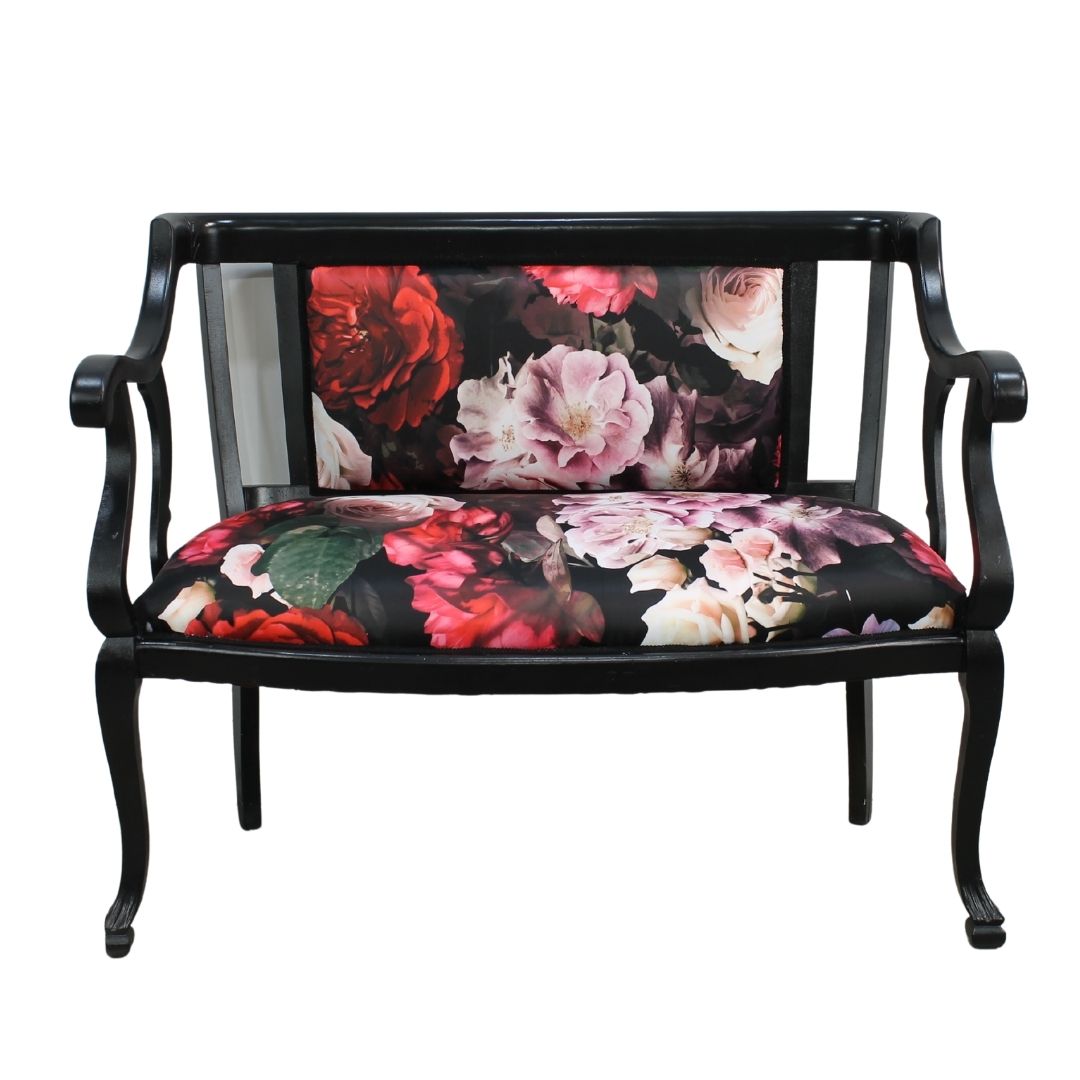 antique settee with floral satin