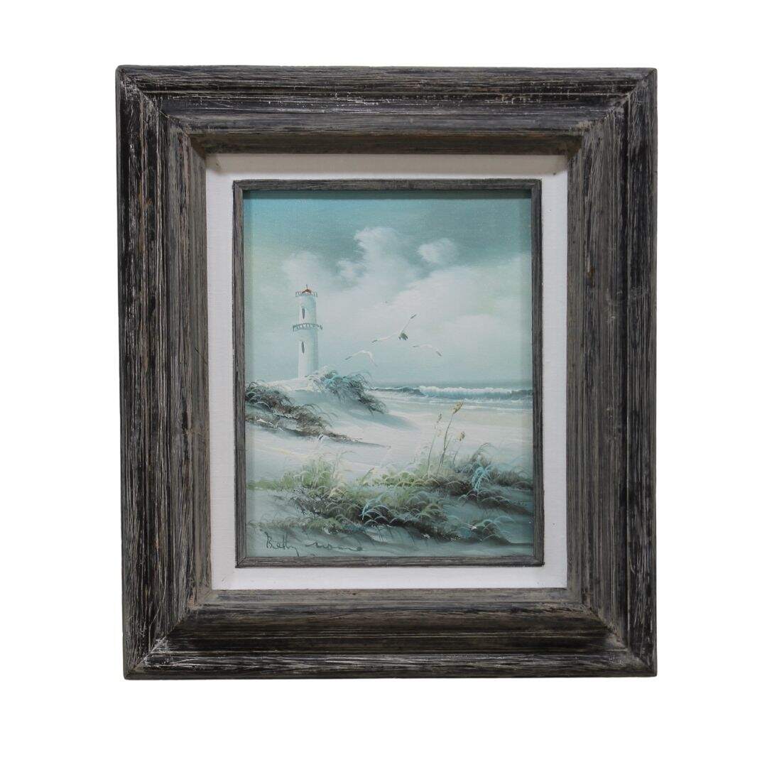 Vintage oil painting of a beach scene with a grey frame