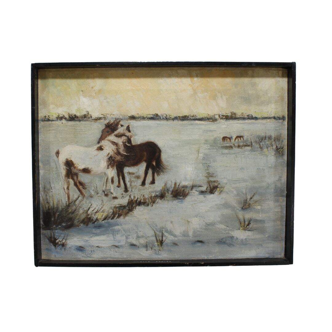 Vintage oil painting of ponies