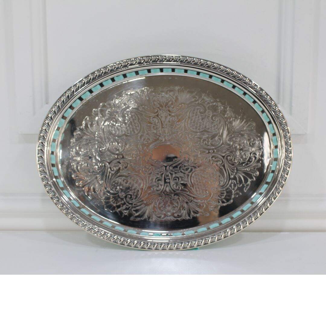 Oval silver plated tray with ribbon