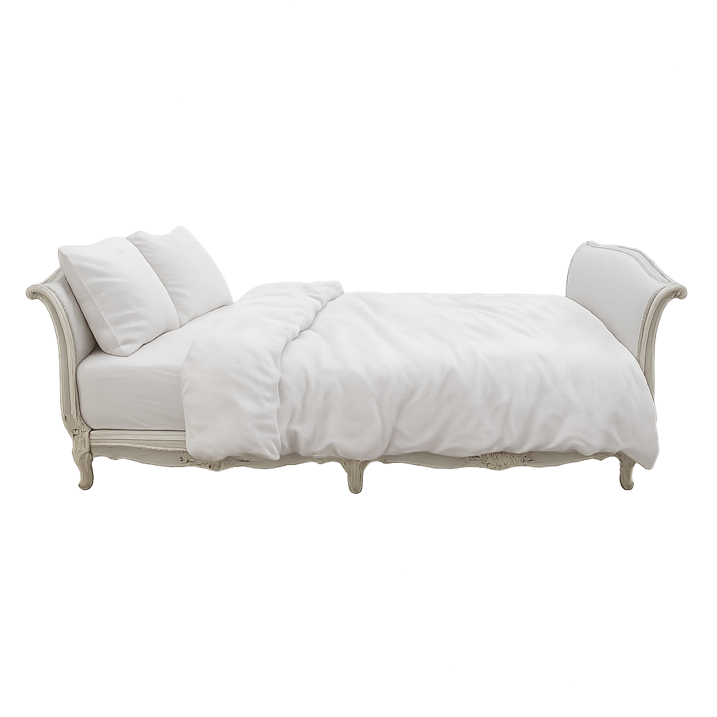 antique French daybed with grey ticking stripe