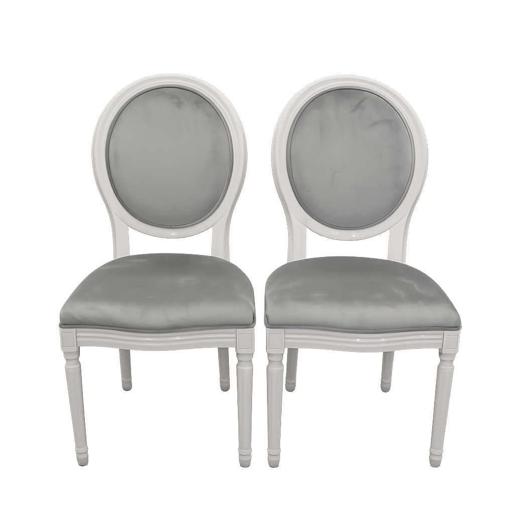 Pair oval back French style chairs with grey velvet