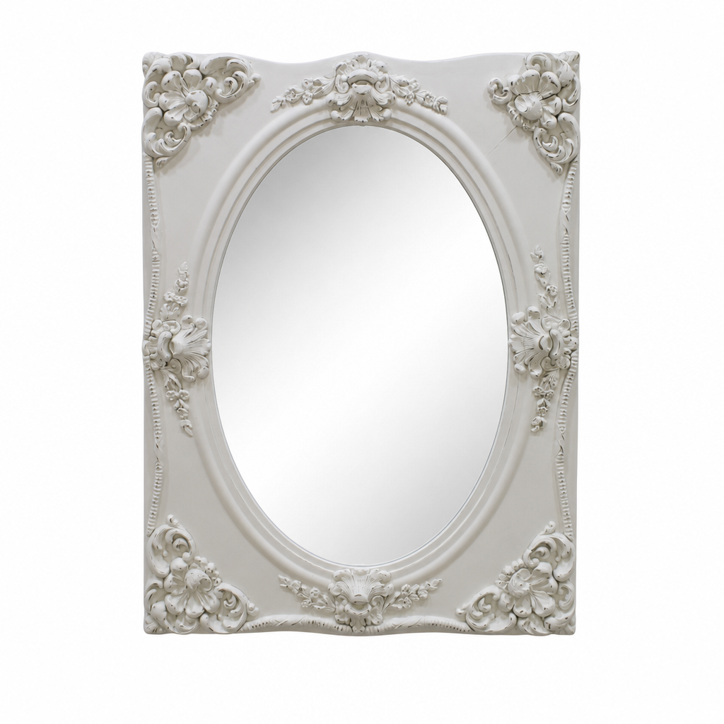Oval mirror in ornate rectangular frame