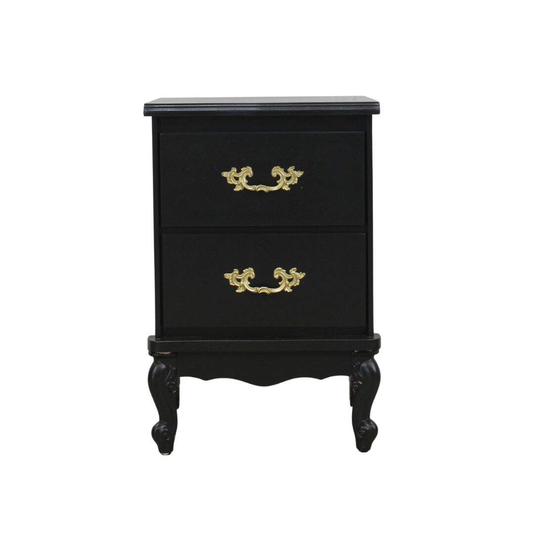 Black French provincial 2 drawer night table