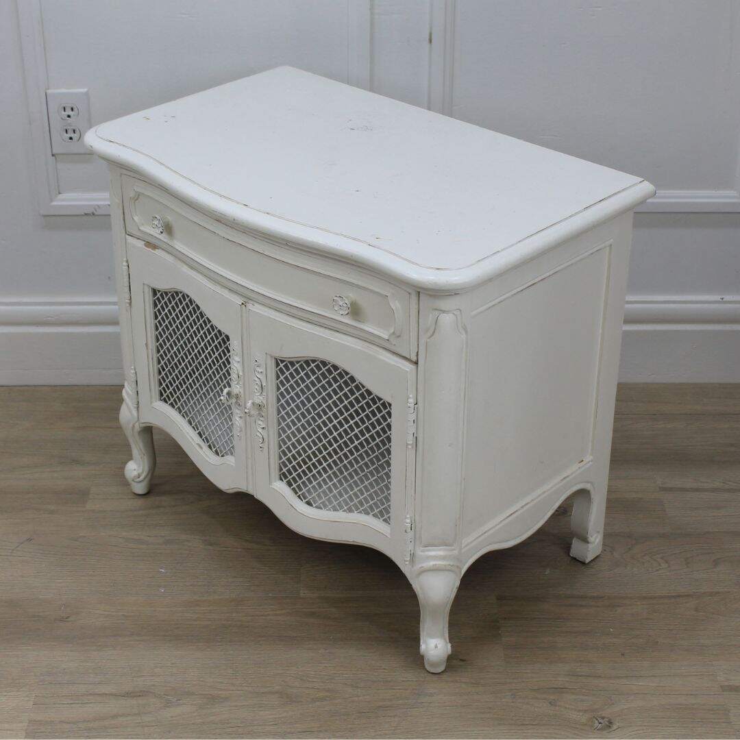 French provincial night table with mesh doors, unpainted