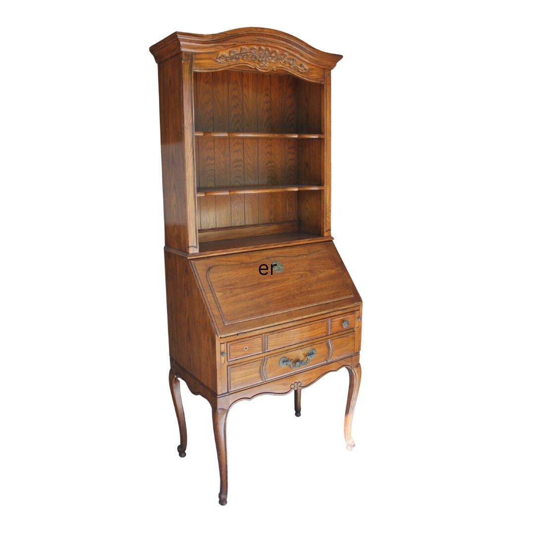 French provincial oak secretary desk with shelving