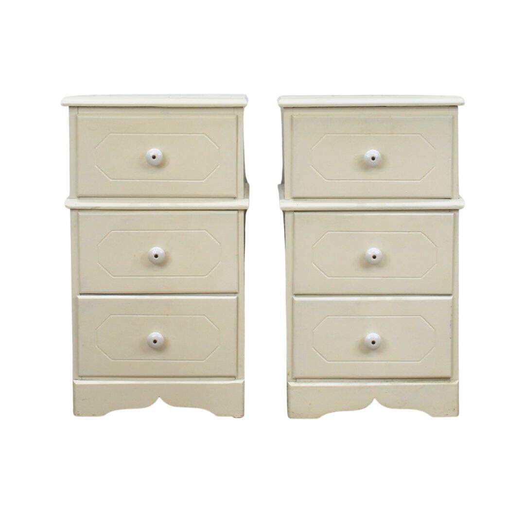 Pair of 3 drawer plain-ish nightstands, unpainted
