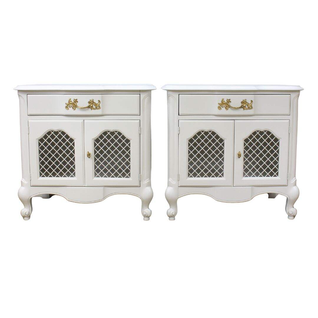 Pair French provincial nightstands with mesh doors