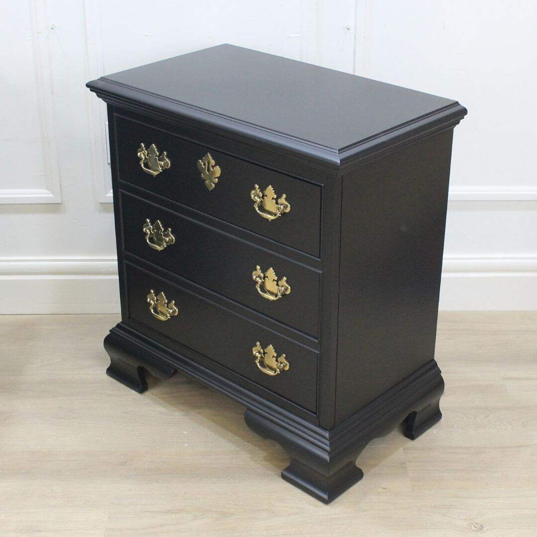 Pair of black 3 drawer nightstands with gold hardware