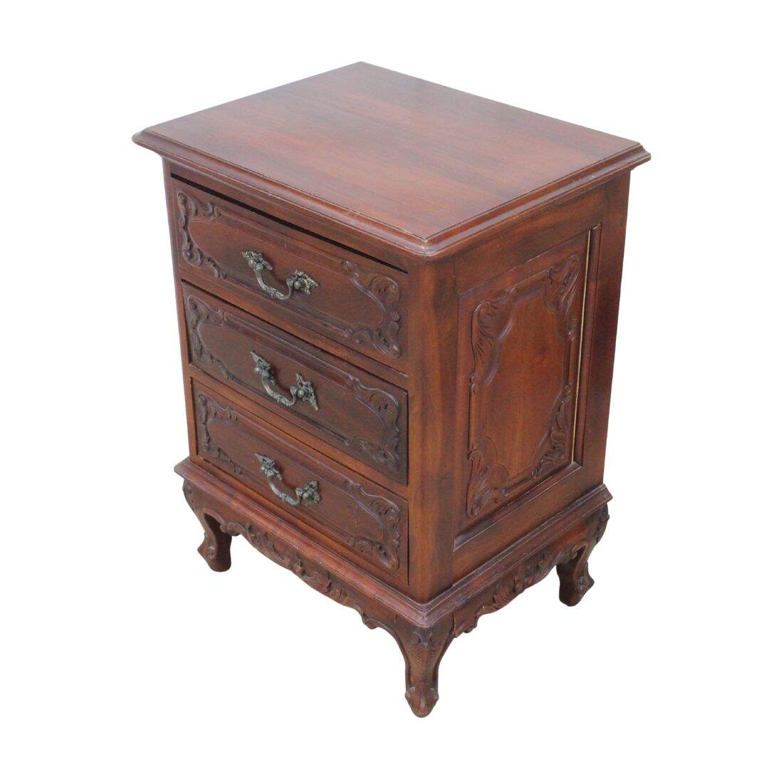 pair of 3 drawer carved night tables, unpainted