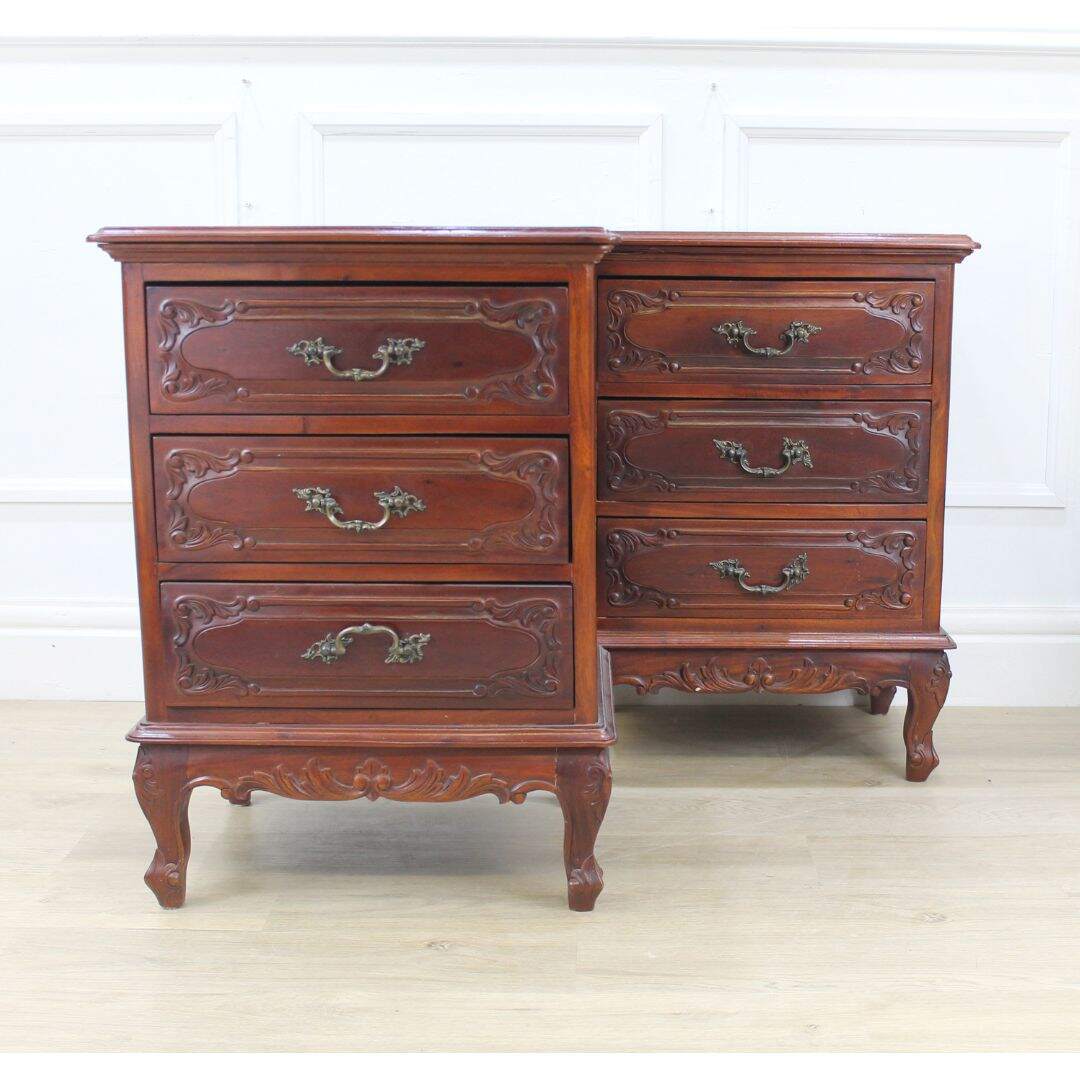 pair of 3 drawer carved night tables, unpainted