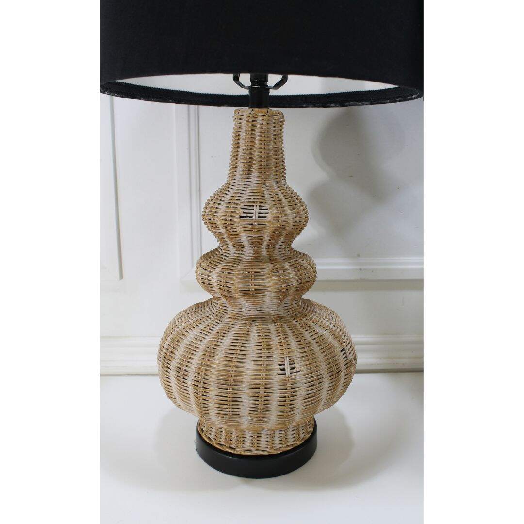 Pair of wicker table lamps with black linen shades