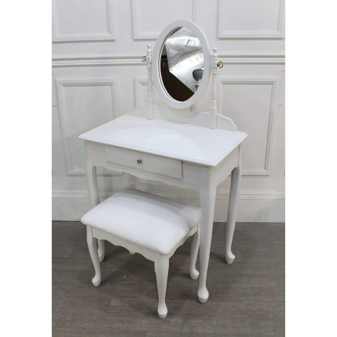 Petite vanity with mirror and stool