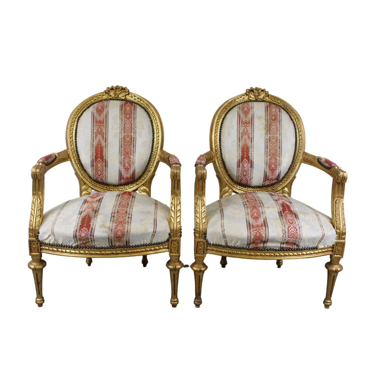 Pair of gold oval back chairs, unfinished