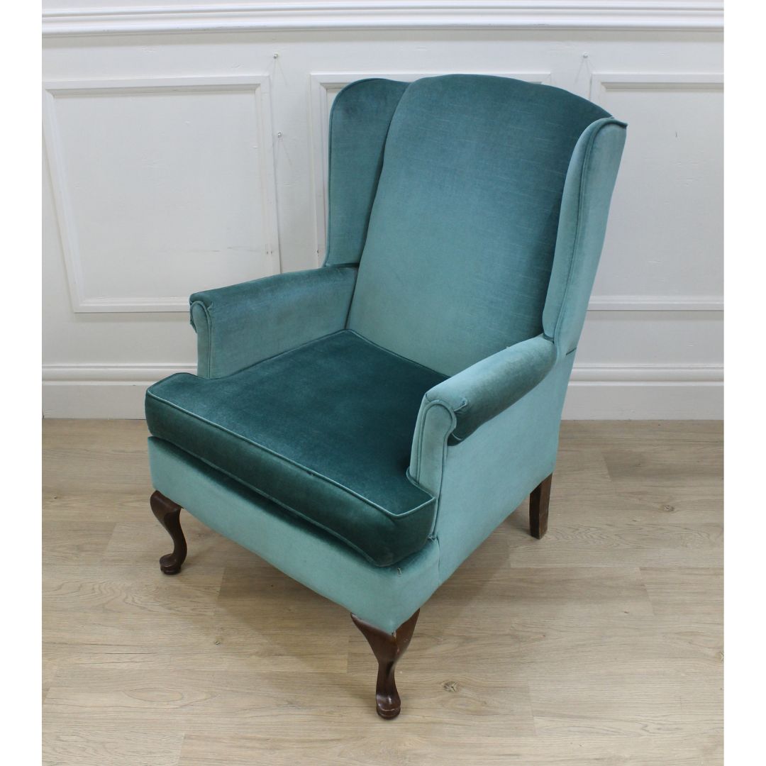 teal velvet wing chair
