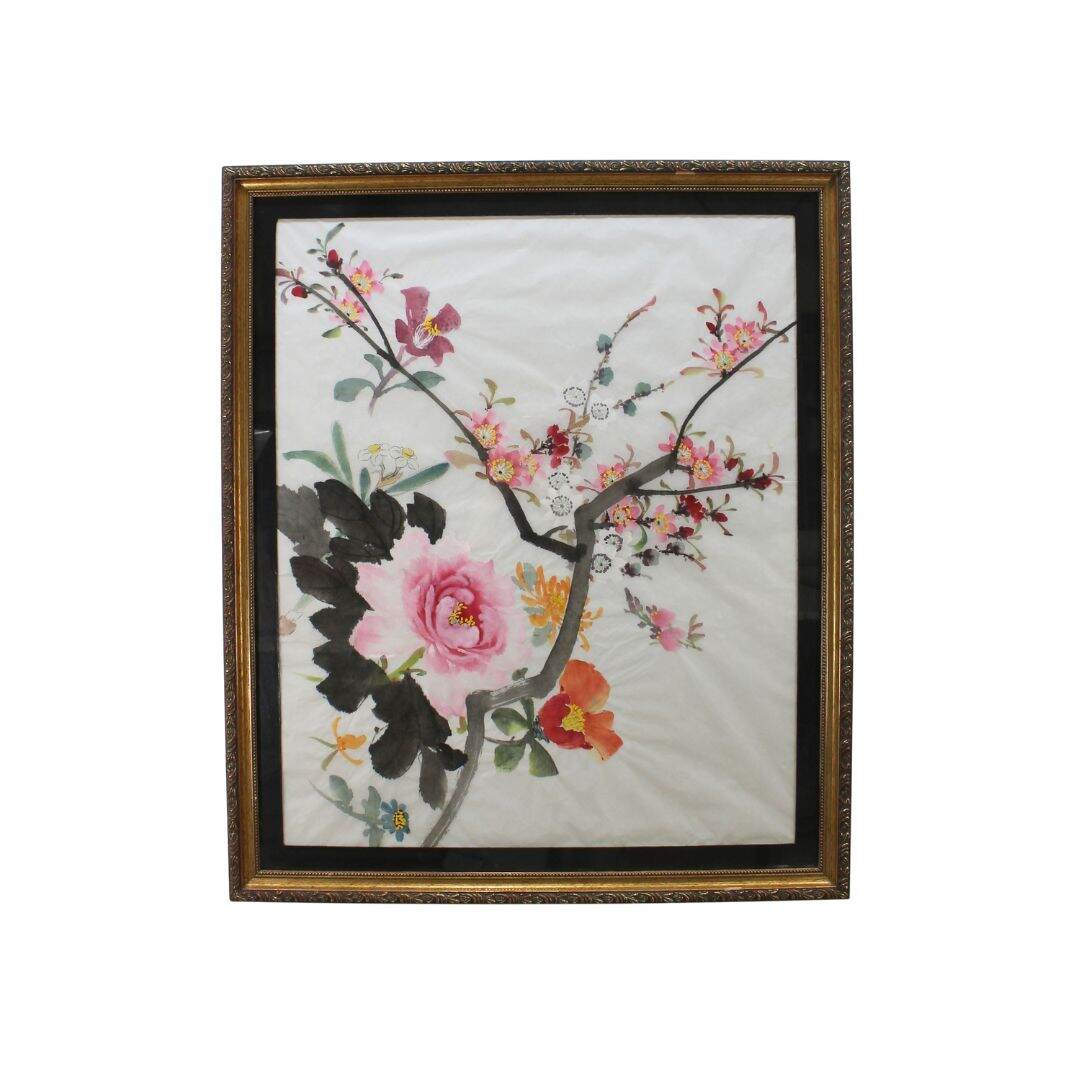 Framed Asian style floral water colour painting