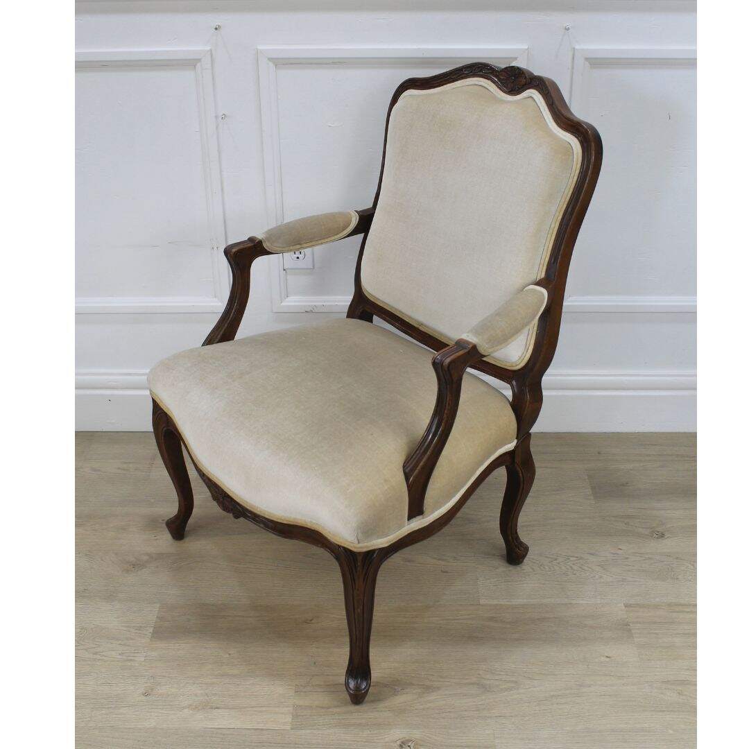 bergere chair with beige velvet, unfinished