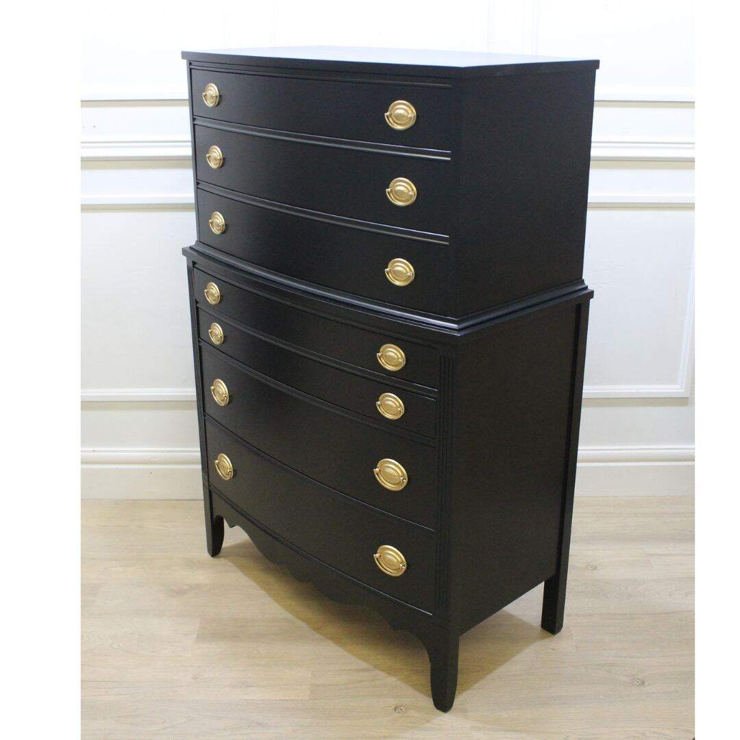 Black bow front highboy dresser