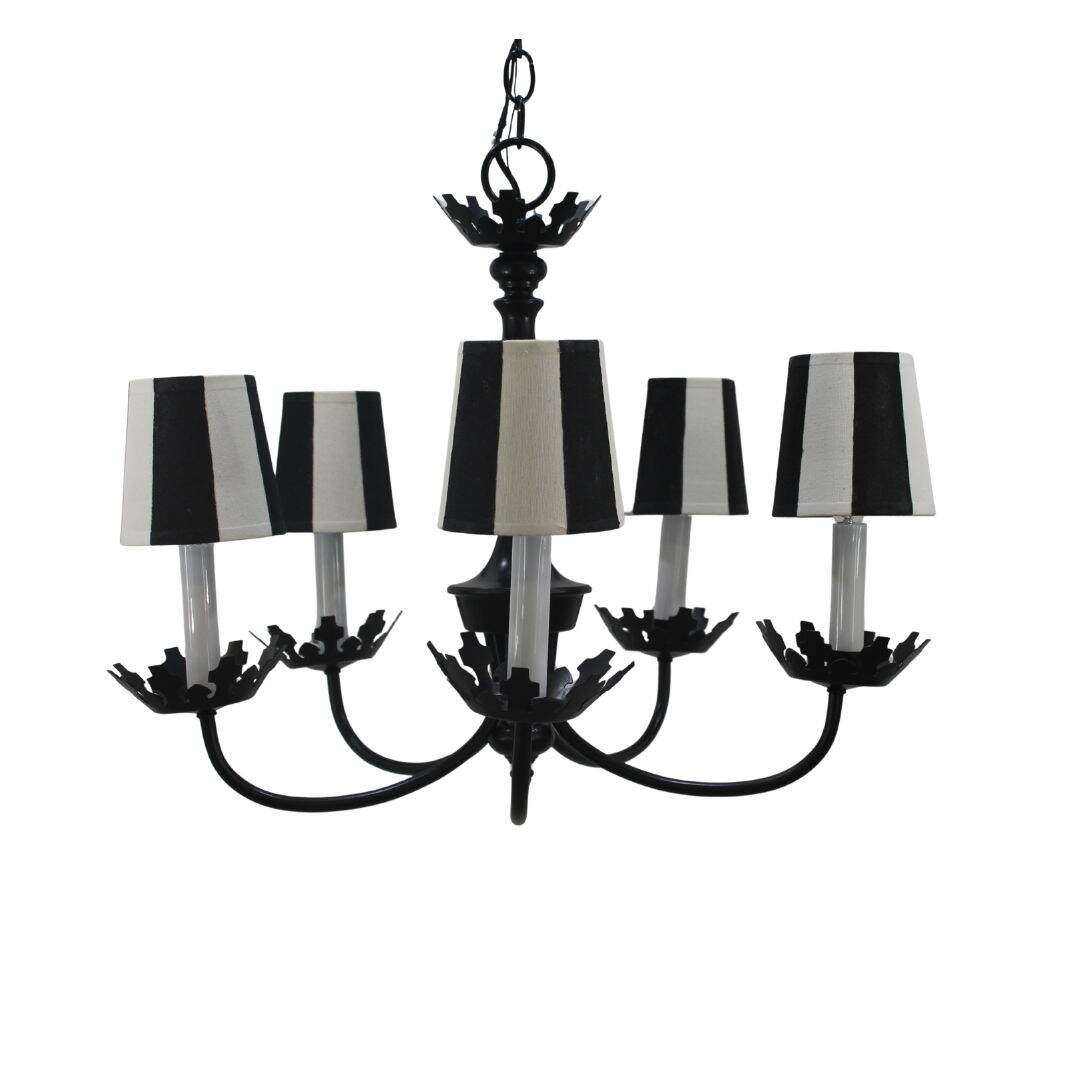 black chandelier with striped shades