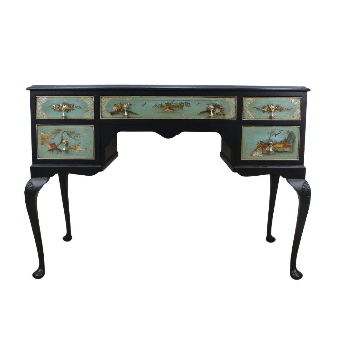 Black desk with hand painted drawers