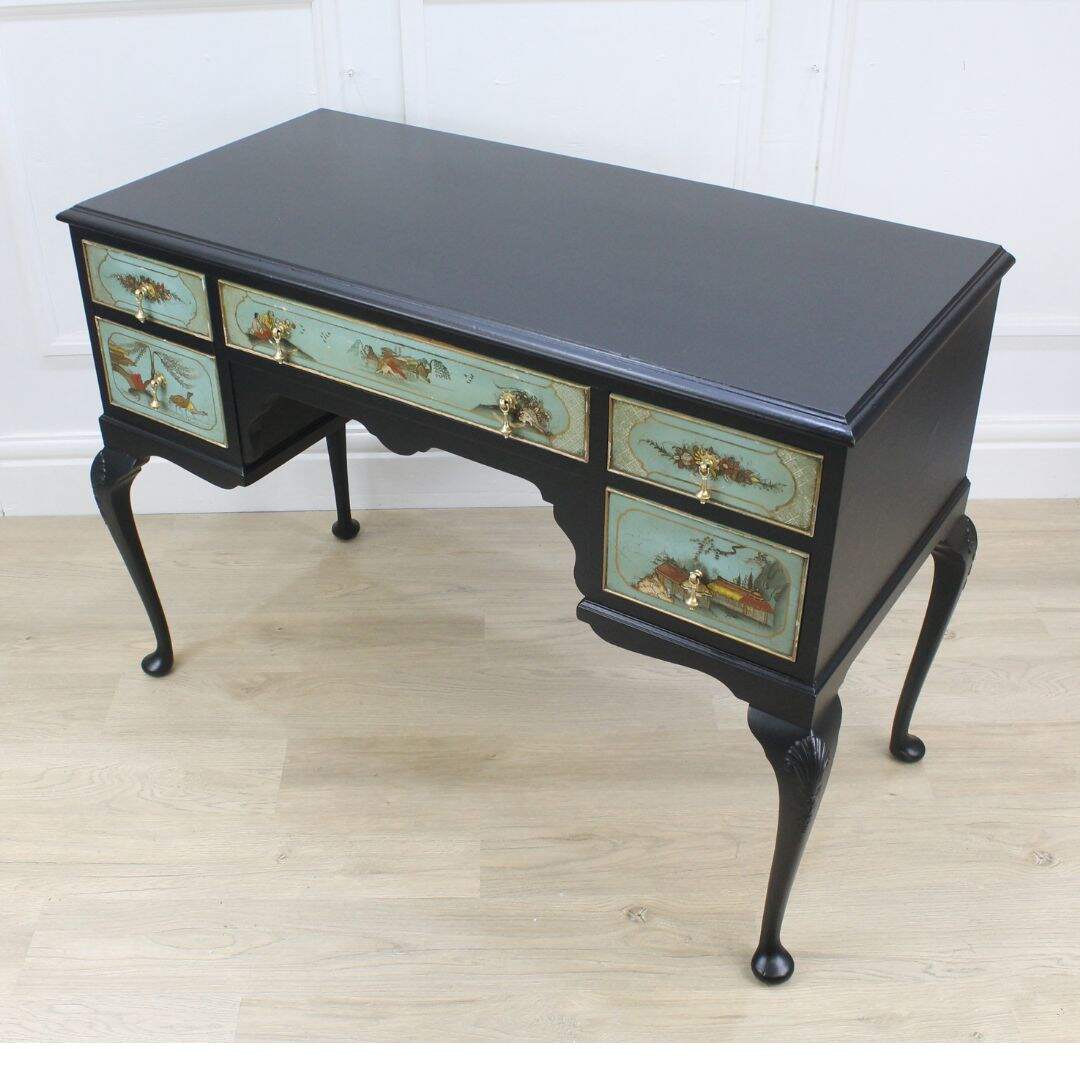 Black desk with hand painted drawers