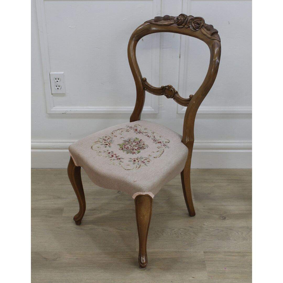 boudoir chair with blush pink needlepoint seat