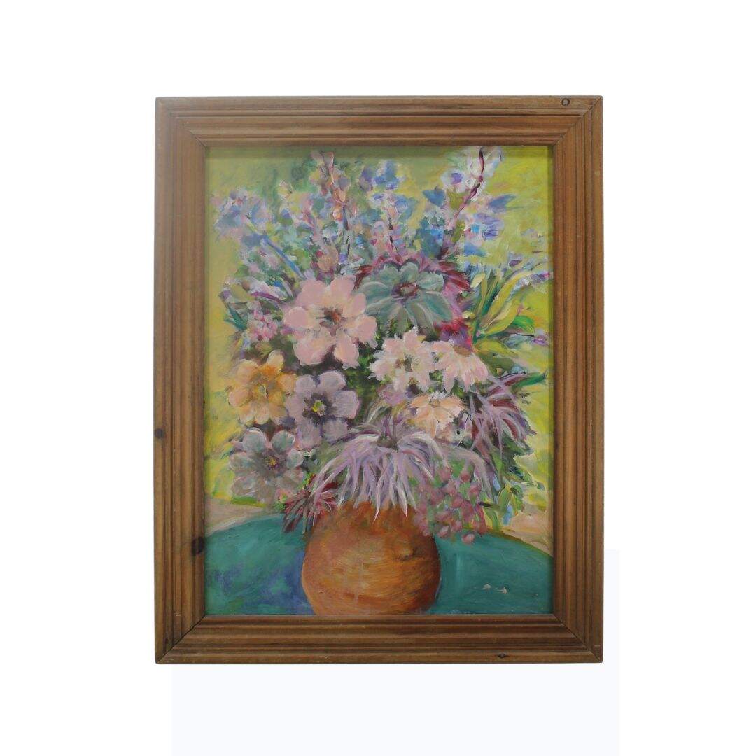 bright floral painting in wooden frame