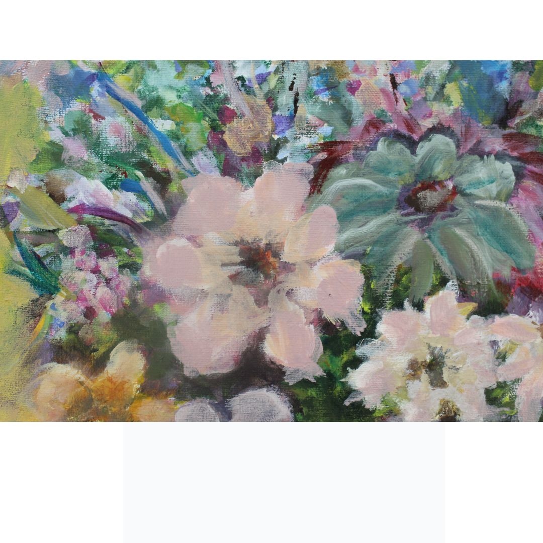 bright floral painting in wooden frame