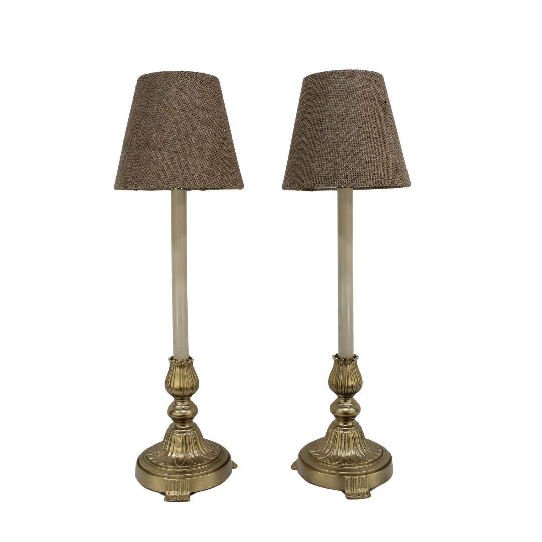 Pair of candlestick lamps with burlap shades