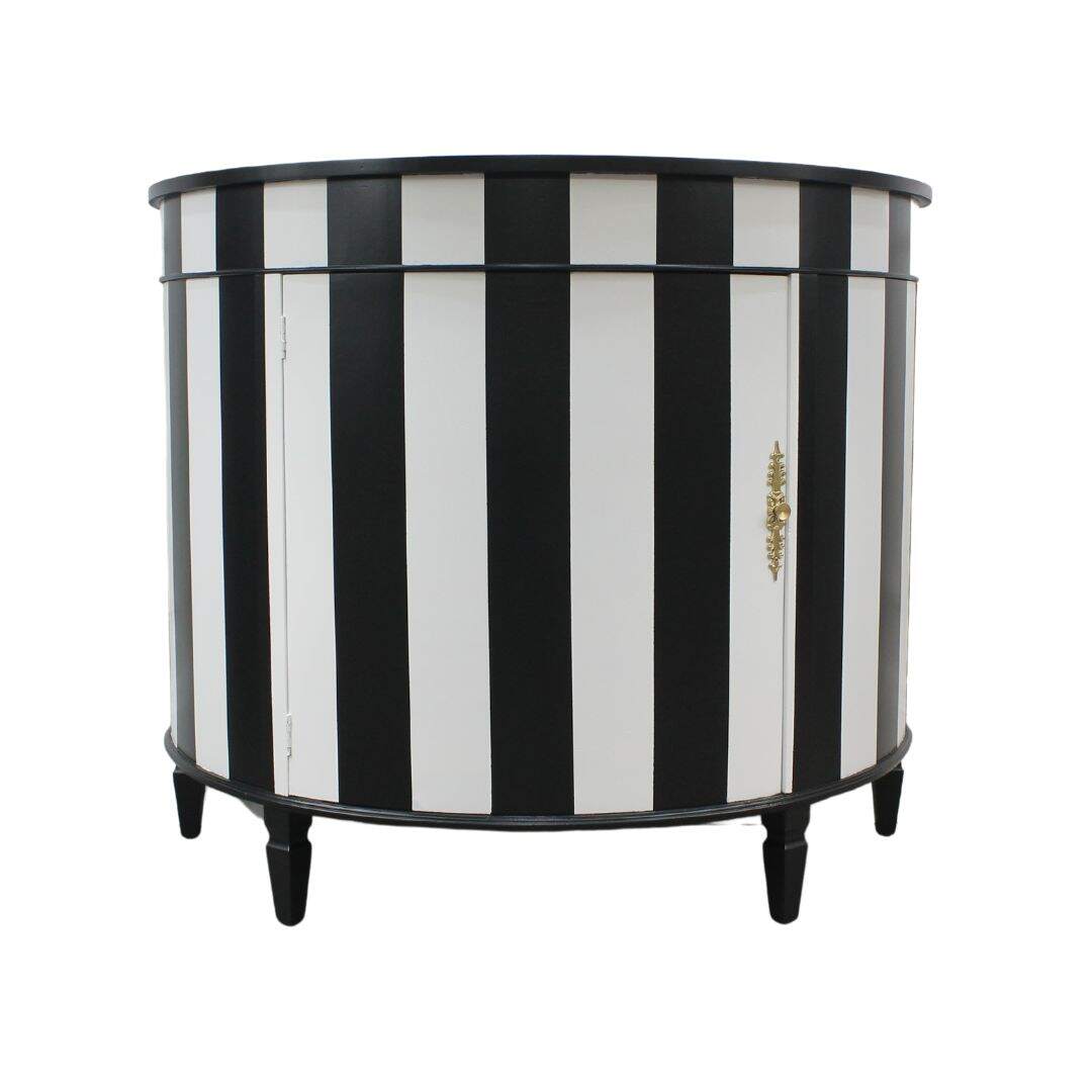 Demi lune cabinet with black and white stripes