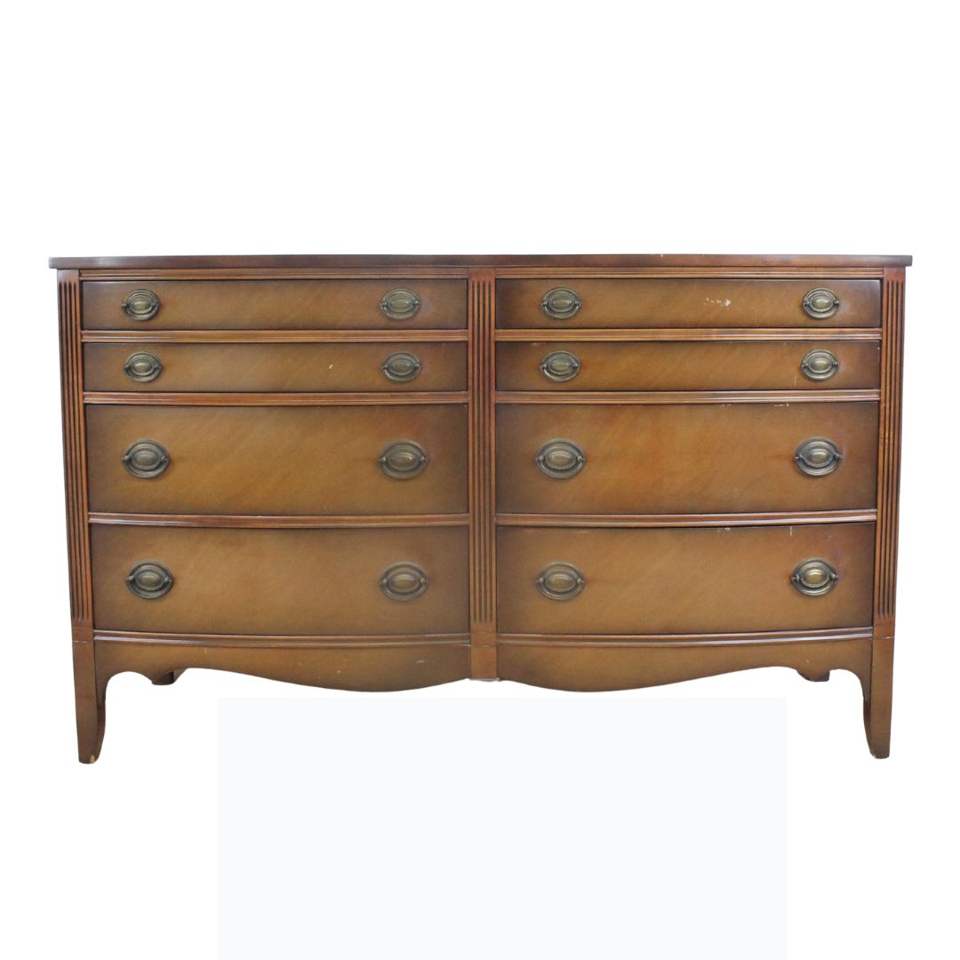 8 drawer double bow front dresser, unpainted
