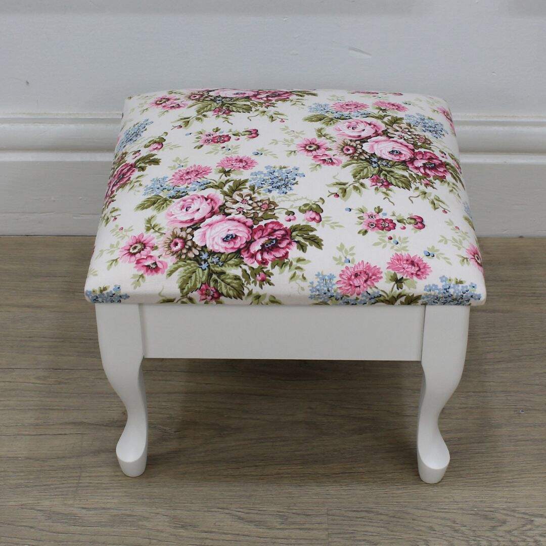 square footstool with vintage floral fabric