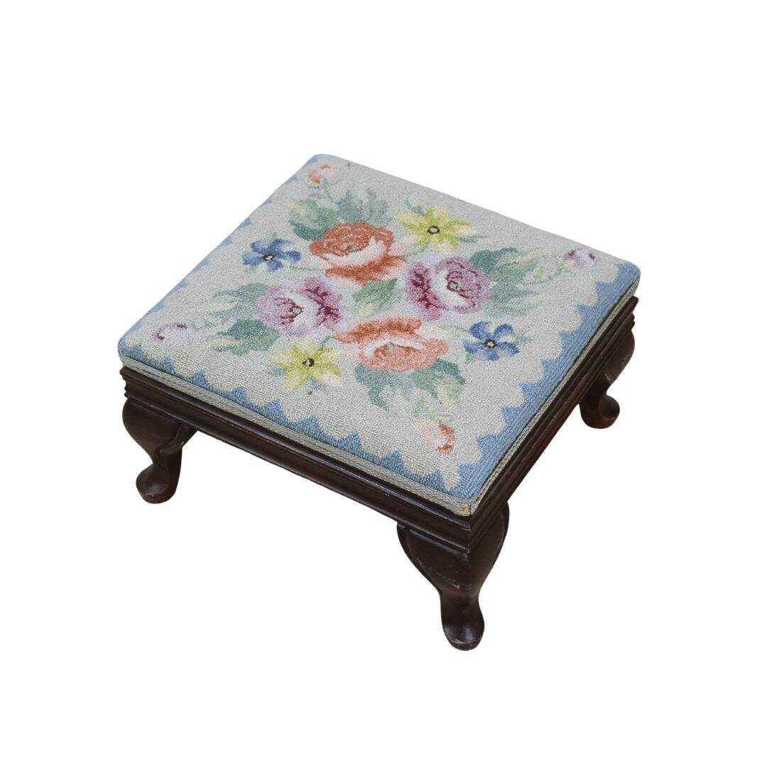 footstool with floral rug hooking