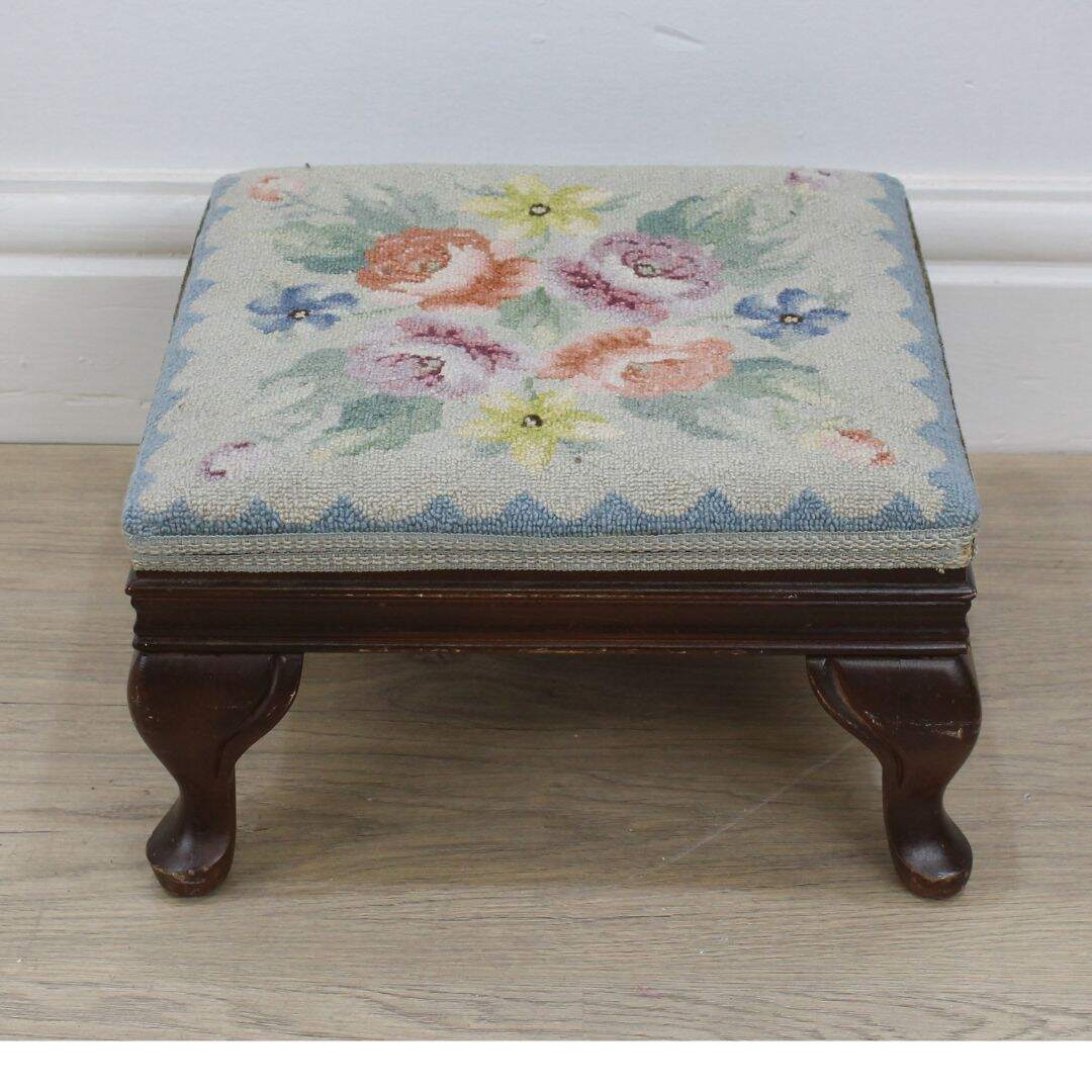 footstool with floral rug hooking