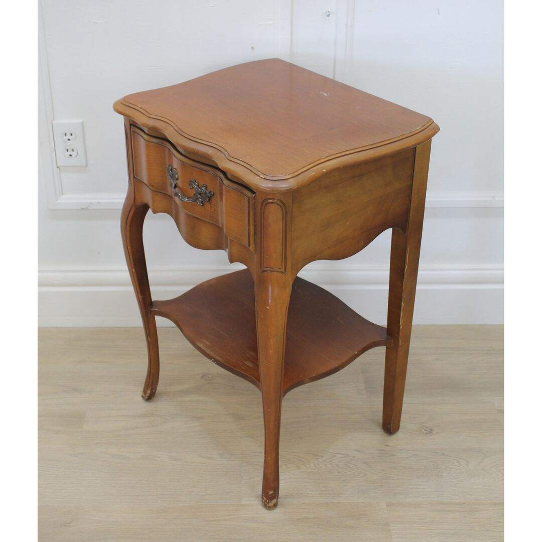 French provincial nightstand with drawer and shelf, unpainted