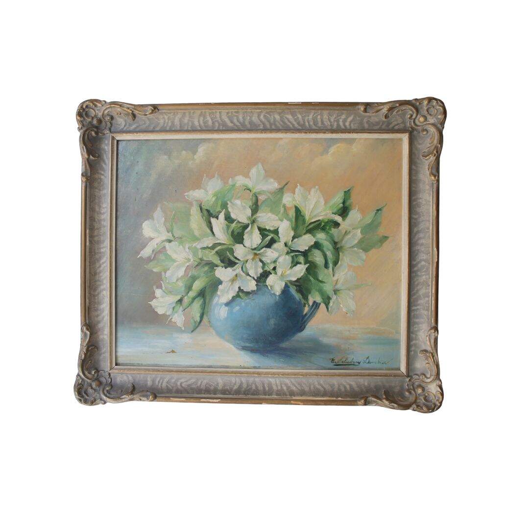 Vintage oil painting of trilliums in a blue bowl