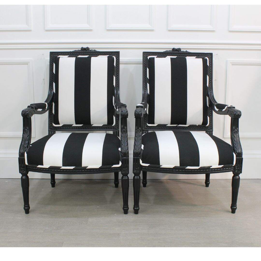 Pair of black and white striped chairs