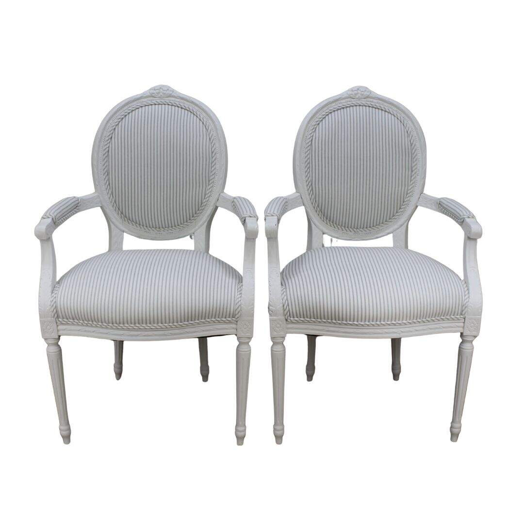 Pair of French oval back chairs with grey-white ticking