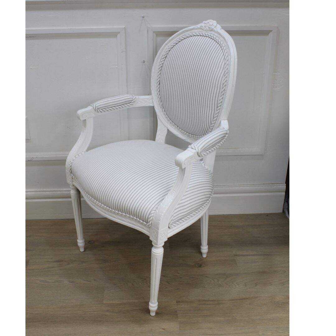 Pair of French oval back chairs with grey-white ticking