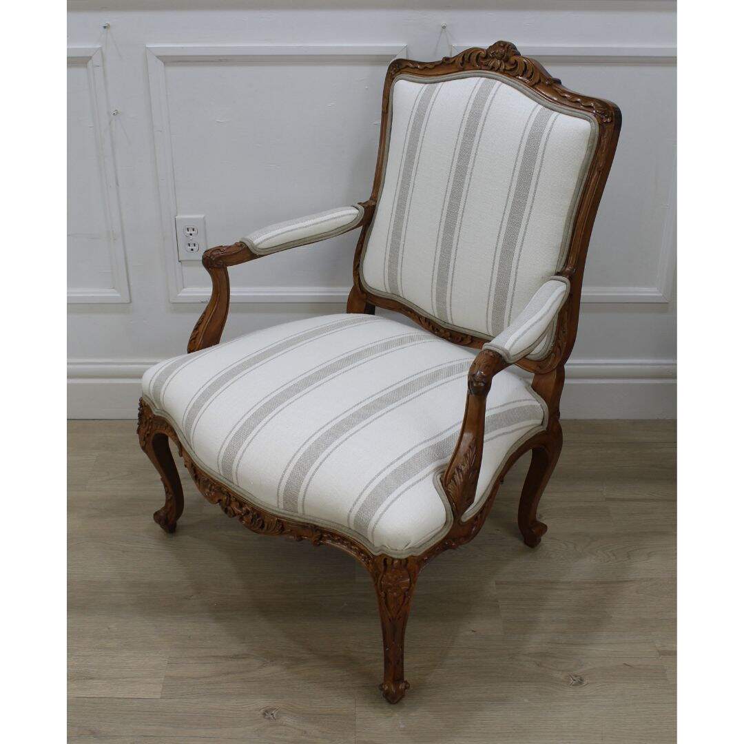 Pair of bergere chairs with ivory and beige stripe