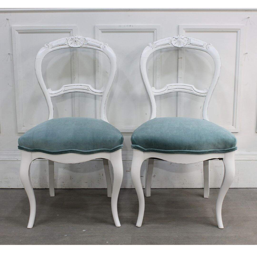 Pair of boudoir chairs with blue velvet seats