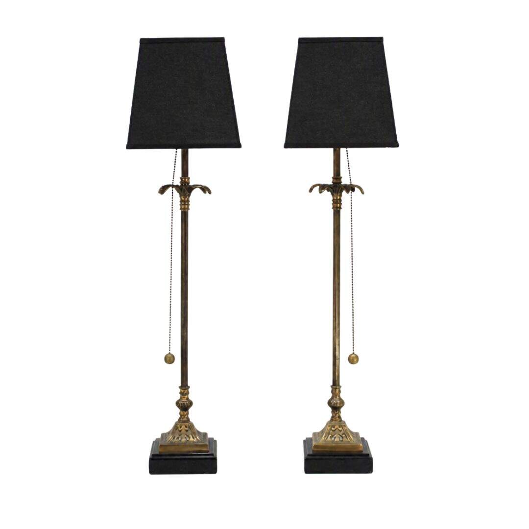 Pair of brass candlstick lamps with palm leaf detail
