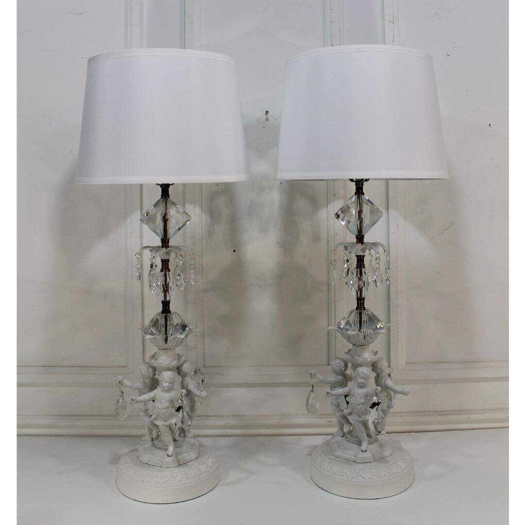 Pair of cherub lamps with crystals