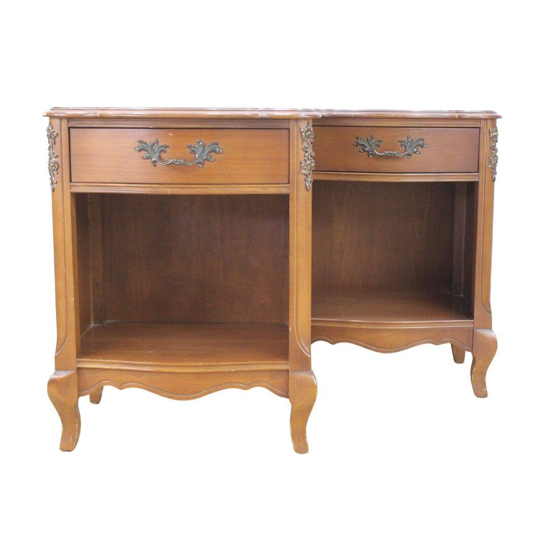 pair of French provincial night tables with drawer and open space, unpainted