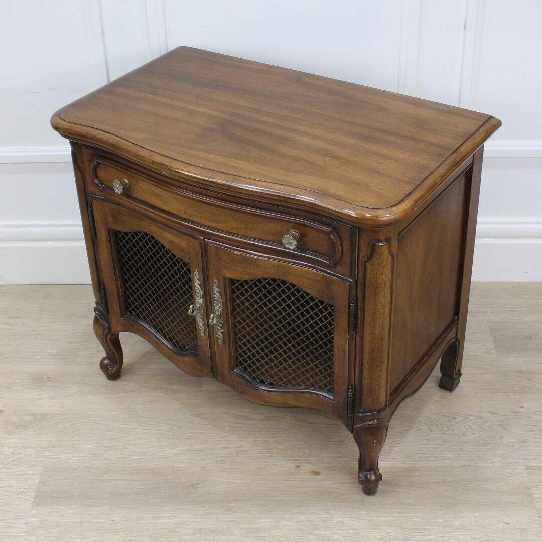 Pair of French provincial night tables with mesh doors, unpainted