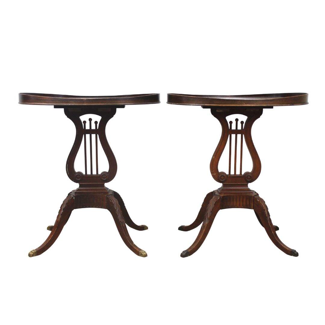 Pair of lyre base side tables, unpainted