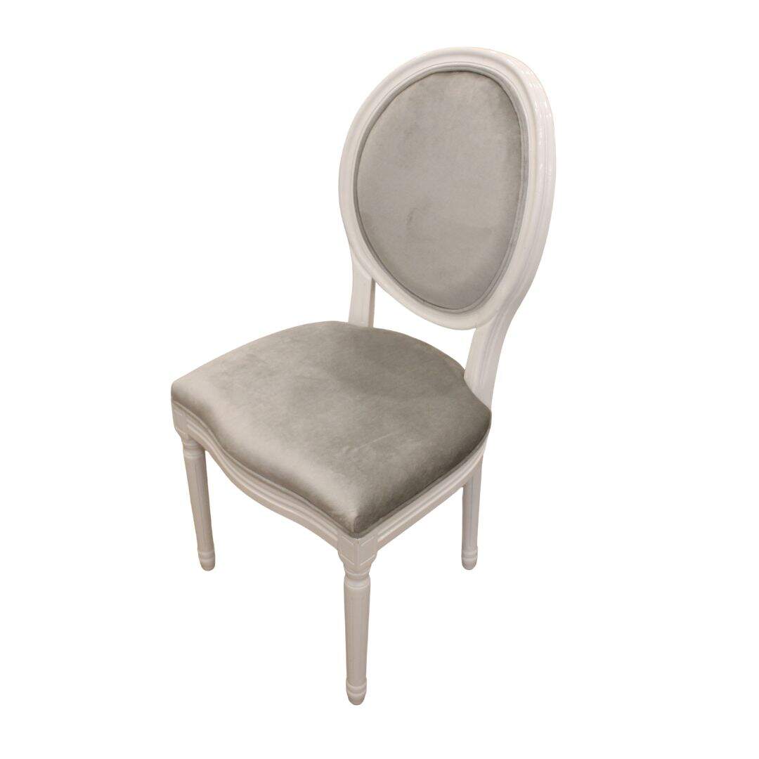 Pair oval back French style chairs with grey velvet
