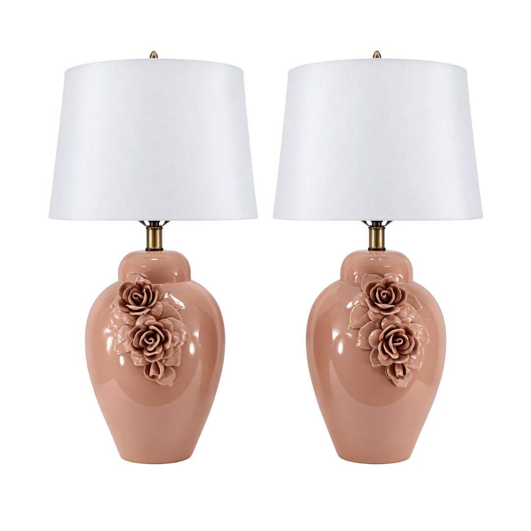 Pair of pink ceramic lamps with flowers