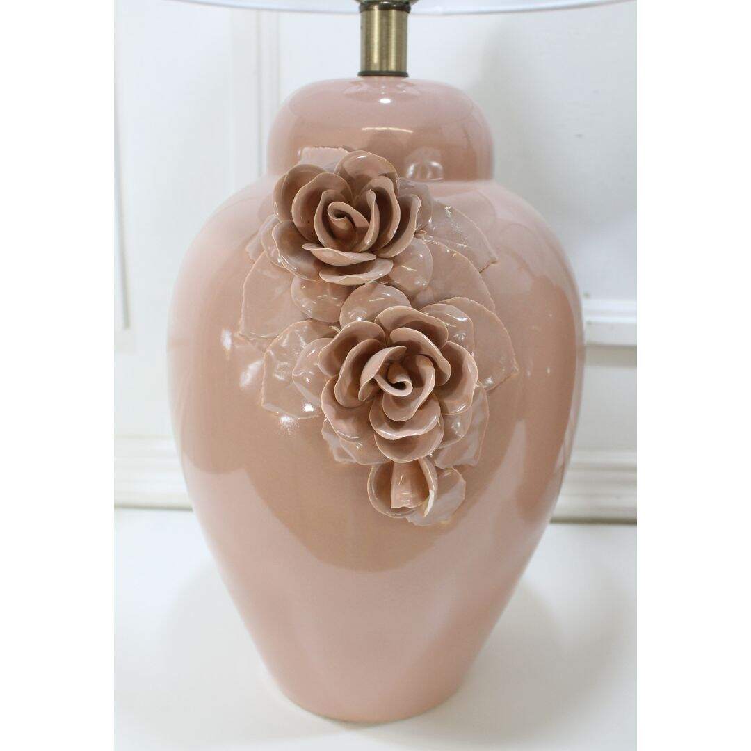 Pair of pink ceramic lamps with flowers