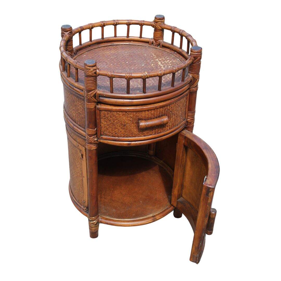 Pair of round bamboo and rattan side tables